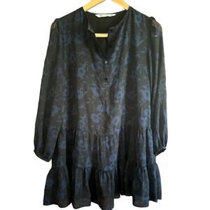 ZARA | Black and Blue Shadow Gingham Tiered Trapeze Dress | Size Extra Small